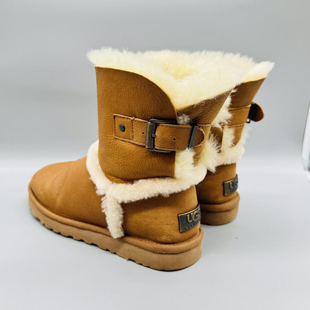 UGG Boots Womens 9 Brown Leather Mid Calf Shearling Buckle Fur Trim Winter Shoes - Picture 5 of 10
